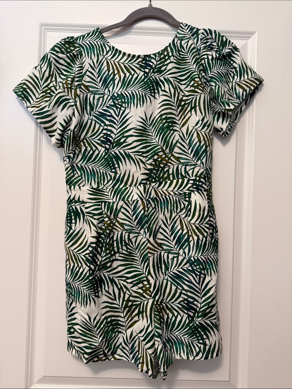 LOFT White Dress with Green Palm Leaf Print